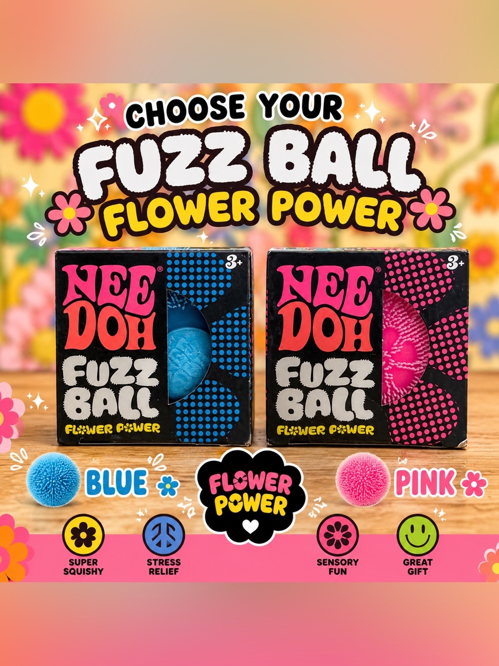 SCHYLLING | NeeDoh Fuzz Ball Flower Power - Blue or Pink - 1 piece